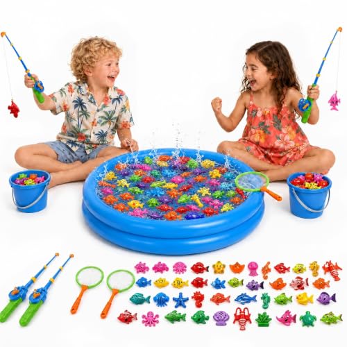 Jeu de Pêche à la Ligne Magnétique XXL 59 Pcs avec Pataugeoire - Jouet d'eau & Piscine pour Enfant 3 4 5 Ans - Set Complet pour Jardin, Plage & Bain...