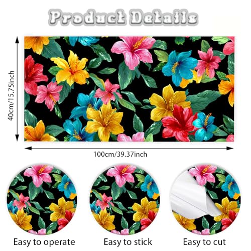 Image of Spring Summer Tropical Hibiscus Wall Decals, Colorful Hawaiian Floral Peel and Stick Wallpaper for Home Refresh, Spring Cleaning Mural, Mother's Day Decor, 39.37x15.75 Inch