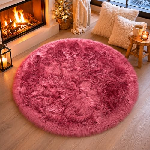 EasyJoy Faux Sheepskin Rug, Fluffy Faux Fur Rug, Ultra Soft Shag Area Rug with Non-Slip Backing for Bedroom, Living Room, Nursery, Kids Room(4 x 4 ft Round, BlushPink)