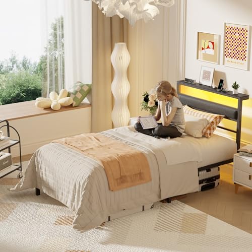 Image of OURPIC Twin Bed Frames for Kids, Metal Platform Bed Frame Twin Size with Charging Station and LED Lights, Upholstered Headboard and Storage Shelf, No Box Spring Needed, Easy Assembly