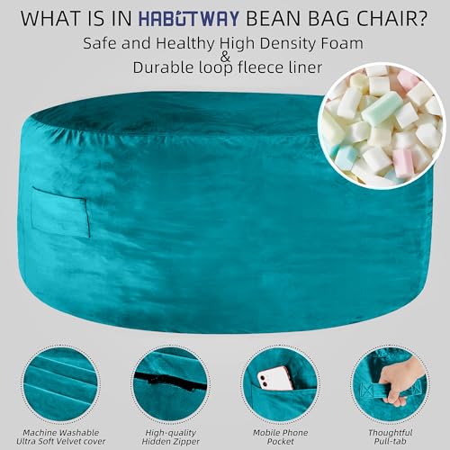 HABUTWAY Bean Bag Chair: Giant 5' Memory Foam Furniture Bean Bag Chairs for Adults with Microfiber Cover 5Ft (Sea Blue)