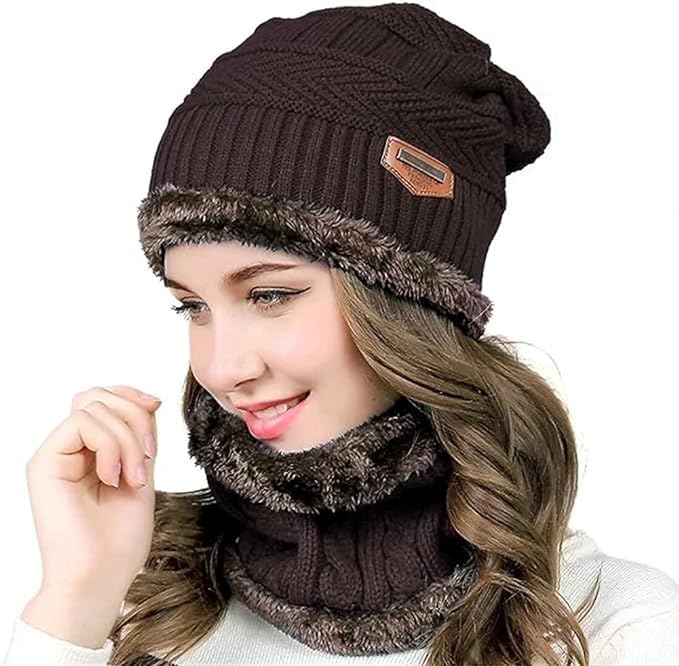 bigwheels KCUC0005-54 Brown Color Men and Women Winter Woolen Thick Knitted Stretchable Soft Fleece Fur Lined Hat Neck Muffler-picture-9