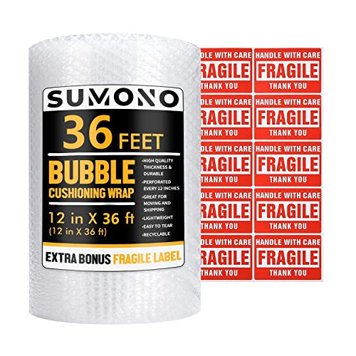 Bubble Cushioning Wrap Roll, Sumono 12 Inch X 36 Feet Total Bubble Roll Perforated 12 Inch Included 10 Fragile Sticker Label #TOP4