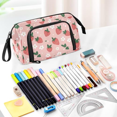 Image of Cute Strawberry Flower Pencil Bag Pencil Case for Teen Boy Girl, Big Capacity Pen Bag Zipper Pencil Pouch with Handheld Aesthetic Pencil Pouch School Office Stationery