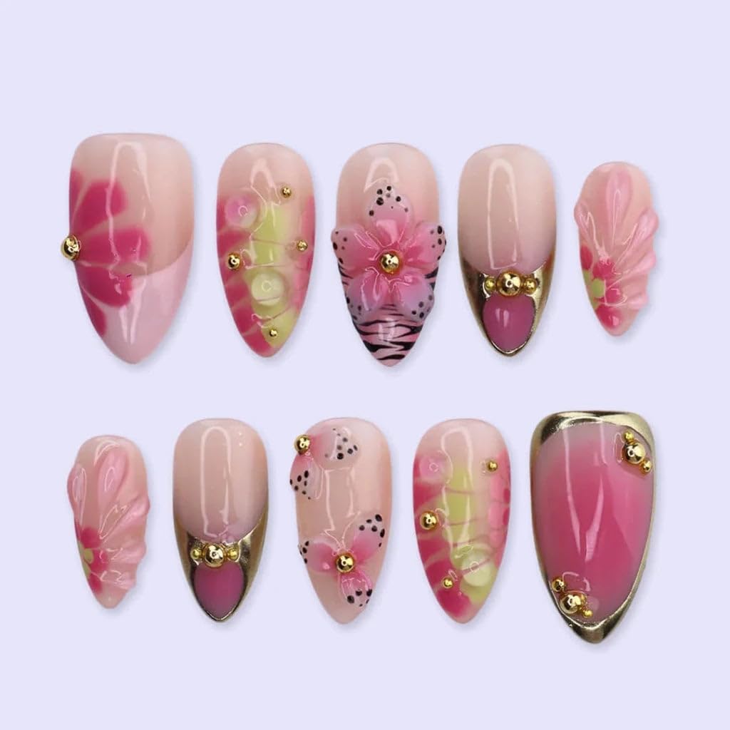 Handmade Pink & Magenta Gel Press On Nails, 3D Pink Flower, Clear Dew Drops & Gold V-French Tips, Reusable Medium Almond Fake Nails with Prep Kit, Tropical Spring Resort for Women, 10 Pcs