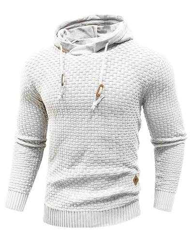 HYPESTFIT Mens Hoodies Long Sleeve Pullover Solid Knitted Drawstring Sweatshirt Casual Hoody Top White