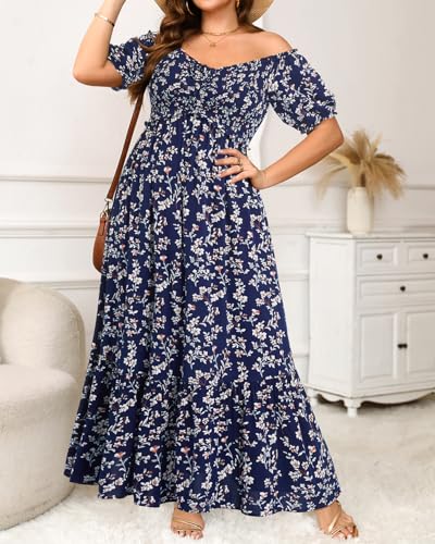 Image of Plus Size Sun Dresses Women - Summer Off the Shoulder Puff Sleeve A Line Boho Maxi Flow Long Dress 2025