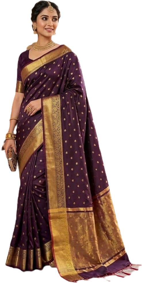 Aziz Creation Maroon Banarasi Kanjivaram Tissue Silk Saree with Gold Zari Woven Border, Floral Motifs, Unstitched Blouse Piece