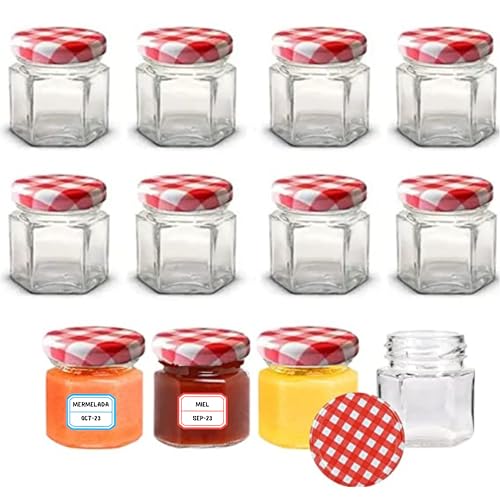 Awiku 12 Tarros Pequeños de Cristal Hexagonales con Tapa Hermética de 45ml - Tarritos para miel, mermelada - Frascos Pequeños - Botes de Vidrio Resistentes y Estancos - Incluye Etiquetas