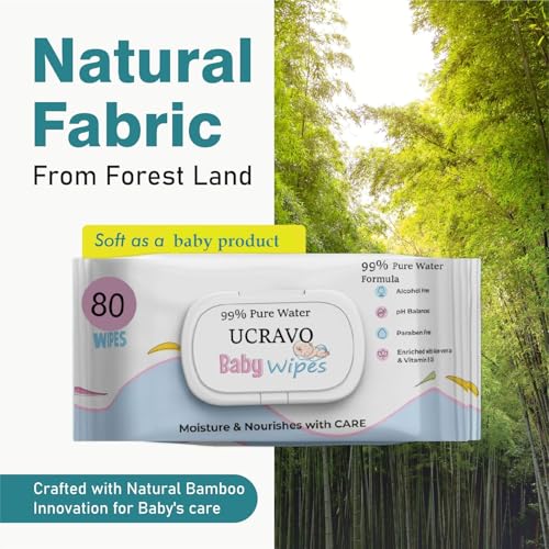 Image of UCRAVO Pack of 6 Soft Baby Wipes Water Based Formula 432 Pulls Pure Water Wet Tissue for Sensitive Skin Care Alcohol Free Paraben Free Moisturizing Cleansing Wipes with Fresh Lock Lid (72 Each Set)