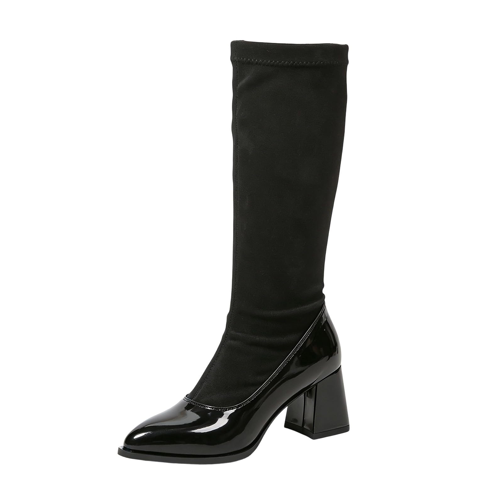 Stivali Femminili Alti al Ginocchio Punta Affusolata Tacco Grosso Cuciture Contrasto Eleganti Calzature Autunnali Invernali con Suola Antiscivolo Comodi Montanti