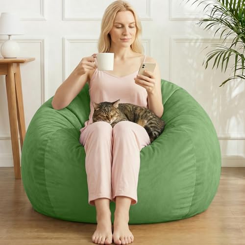 Image of Stuffed Animal Storage Bean Bag Chair Cover for Adults (No Filler), Soft Comfy Velvet Beanbag Chair Cover Machine Washable, Adults Bean Bag Chair with Handle for Living Room Bedroom,Lime Green