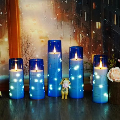 Image of kakoya Flameless LED Candles with Timer 5 Pc Flickering Flameless Candles for Romantic Ambiance and Home Decoration Stable Acrylic Shell,with Embedded Star String,Battery Operated Candles(Blue)