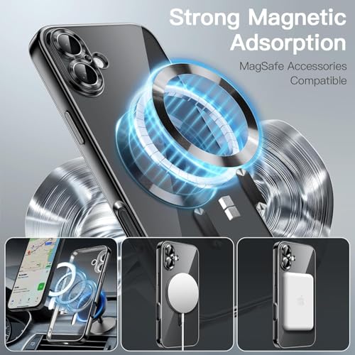 Image of VONZEE Electroplating Transparent Clear Logo Back Cover TPU Compatible with iPhone 16 Case, Compatible with Magsafe, Full Body & Individual Camera Protection for Each Lens for Men & Women (Black)