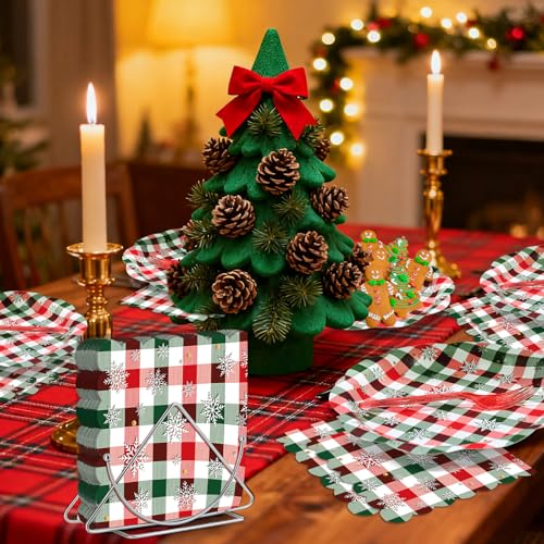 96 Pieces Christmas Plaid Tableware Set – Red and Green Checkered Disposable Plates, Napkins, and Forks with Snowflake Design for Holiday Parties, Winter Birthdays, and Seasonal Events – Image 6
