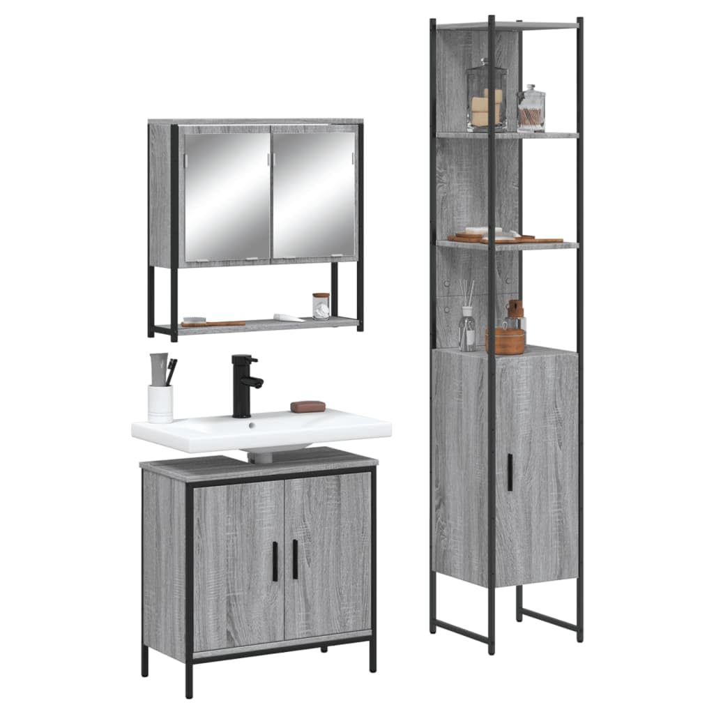 3-TLG. Badmöbel-Set Grau Sonoma Holzwerkstoff mit Spiegelschrank und Waschbeckenunterschrank, viel Stauraum, wandmontierbar, klare Glas-Spiegelfläche für Make-up und Rasur