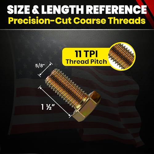 Image of Chenango Supply 5 /8-11 x 1-1 /2 inch Grade 8 Hex Head Cap Screws | Alloy Steel Hex Bolts, 150,000 PSI Tensile Strength, Yellow Zinc Chromate Finish, USS Coarse Thread Fasteners (10 Pack)