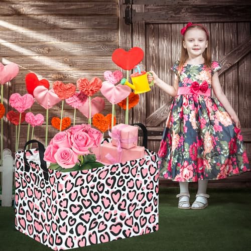 Image of Rectangle Gift Storage Basket Home Shelf Storage Basket Organizer Box Clothes Laundry Hamper Nursery Basket Laundry Basket with Handles (Leopard Heart)