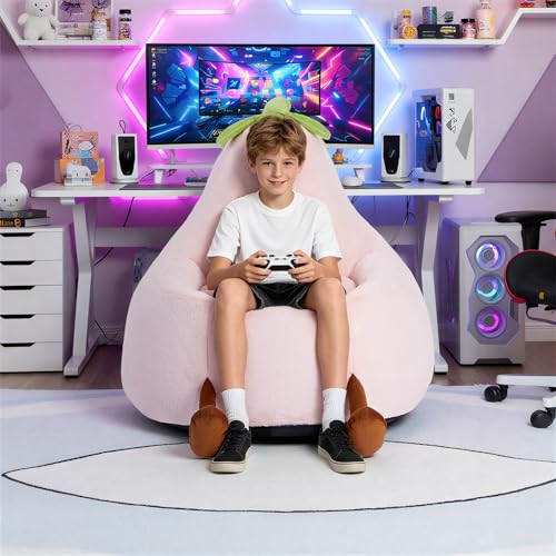 Image of 2.5FT Memory Foam Bean Bag Chair - Ultra Soft Faux Rabbit Fur Round Sofa with Handle & Machine Washable Cover, Comfy Lazy Chair for Kids Teens, Perfect for Reading Gaming in Living Room Bedroom,Pink