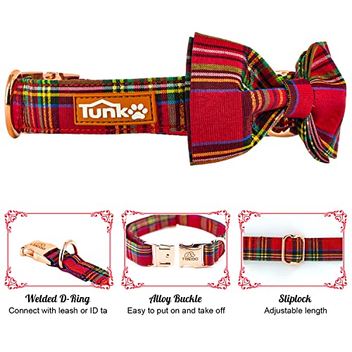 Image of Dog Collar Floral with Elegant Bow Tie Soft Comfy Cotton Adjustable Collar , Premium Metal Buckle for Puppy and Cat Small Medium Large（Red Plaid，L）