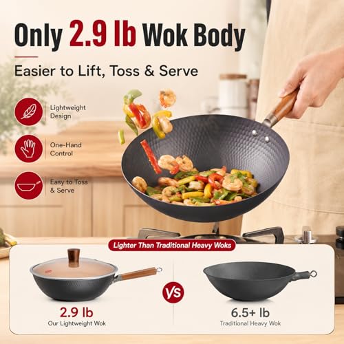 Image of WANGYUANJI Lightweight Carbon Steel Wok Pan with Lid, 12.6 inch Flat Bottom Stir Fry Wok for Induction, Electric & Gas Stoves, 2.9 lb Wok Body, Pre-Seasoned Nitrided Wok, No Chemical Coating