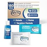 Travel Laundry Detergent & Dish Soap | Terra Breeze 1-Shoppe All-In-Kit Bulk Hotel Size Amenities for AirBnB & Rentals | Dishwashing Liquid, Dishwasher Detergent & Premeasured Laundry Soap | 180 Pcs