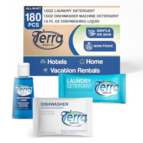 Travel Laundry Detergent & Dish Soap | Terra Breeze 1-Shoppe All-In-Kit Bulk Hotel Size Amenities for AirBnB & Rentals | Dishwashing Liquid, Dishwasher Detergent & Premeasured Laundry Soap | 180 Pcs