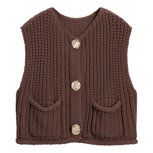 Image of Hixiaohe Womens Crochet Chunky Knit Top Sleeveless Button Down Crop Tops Trendy Cardigan Sweater Vest for Women with Pockets