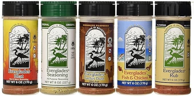 Everglades Seasoning Sampler Pack – 5 Flavors Cactus Dust, Heat, Fish & Chicken Rub 6 oz Each (Pack of 5) Made in USA, Bold & Savory Spices for Grilling, Cooking & BBQ