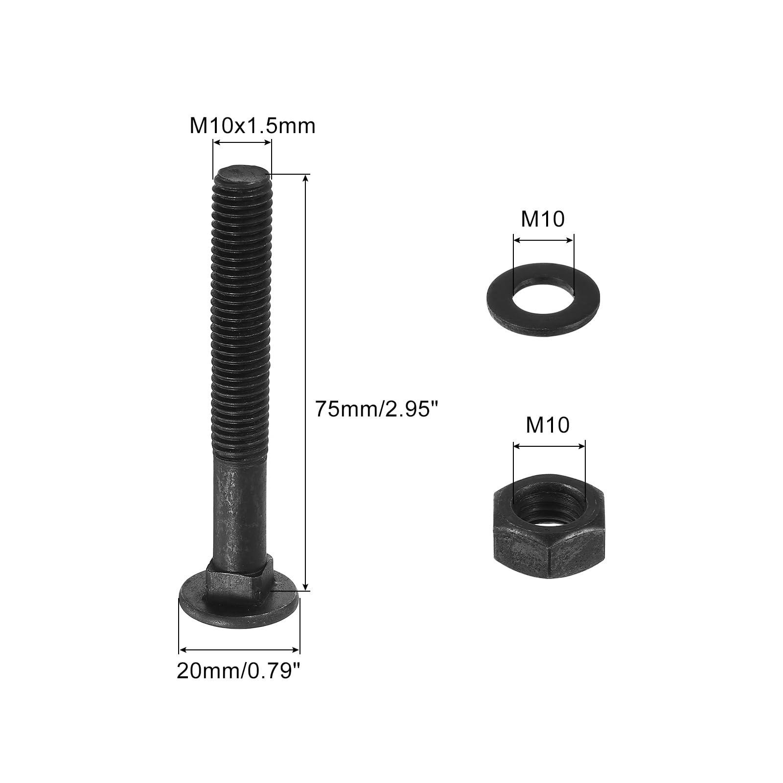 QUARKZMAN Kit Bullone Carrozza M10 x 70mm, 25 Set Viti Testa Rotonda Collo Quadrato, Set Viti Carrozza Include Rondelle e Dadi - Acciaio Carbonio Nero Ossidato per Fissaggio Accessori