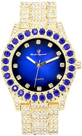Charles Raymond Bling-ed Out Round Metal Mens Color on Blast Silver Tone Watch with Diamond Time Indicators - Ice on Fire!!! - ST10327DxxS (ST10327DX Royal Blue Gold)