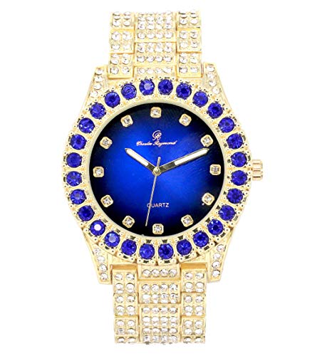 Charles Raymond Bling-Ed Out Round Metal Mens Color On Blast Silver Tone Watch With Diamond Time Indicators - Ice On Fire!!! - St10327Dxxs (St10327Dx Royal Blue Gold) #TOP1