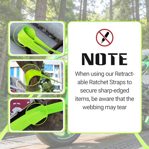 Image of Retractable Ratchet Straps 1 inch x 13Ft, Heavy Duty Self Retracting Tie Down Straps, 1800lb Break Strength Auto Retract Cargo Straps for Truck, Trailer, Motorcycle, ATV, UTV, (Fluorescent Green, 4 Pack)