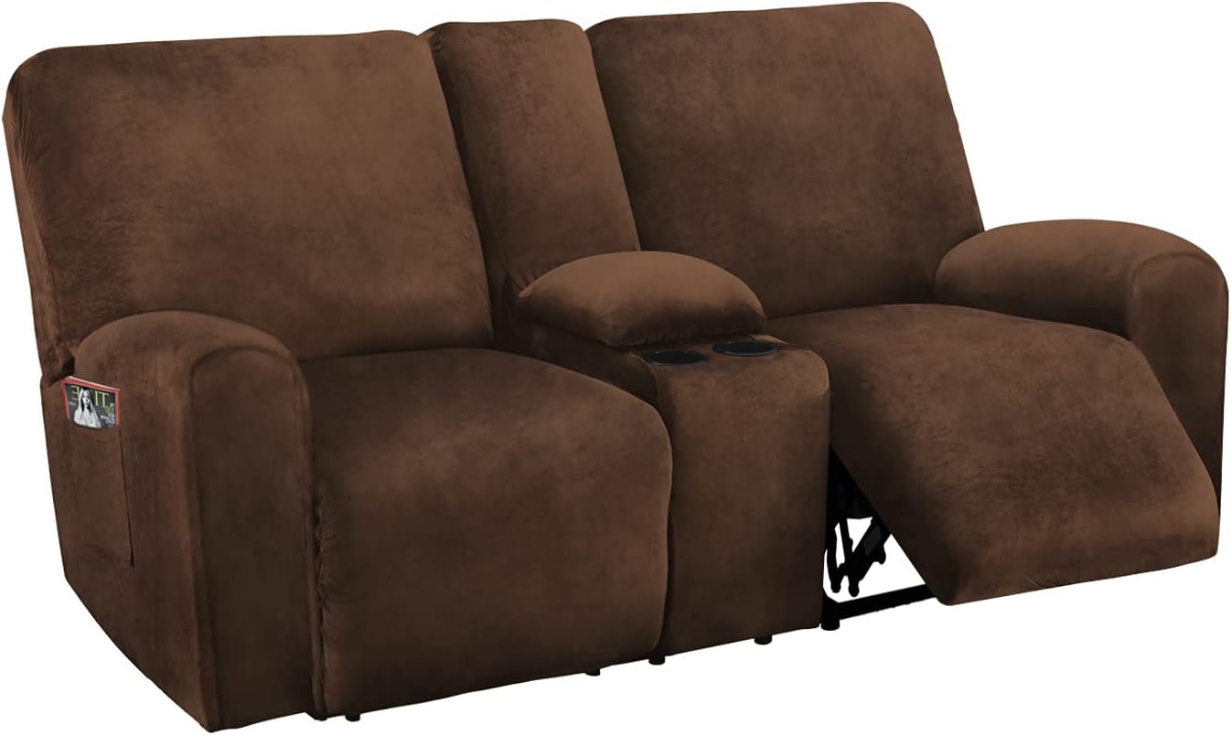 ULTICOR Reclining Love Seat with Middle Console Slipcover, 8-Piece Velvet Stretch 2 seat Loveseat Recliner Cover, Thick Soft, Washable (Chocolate)
