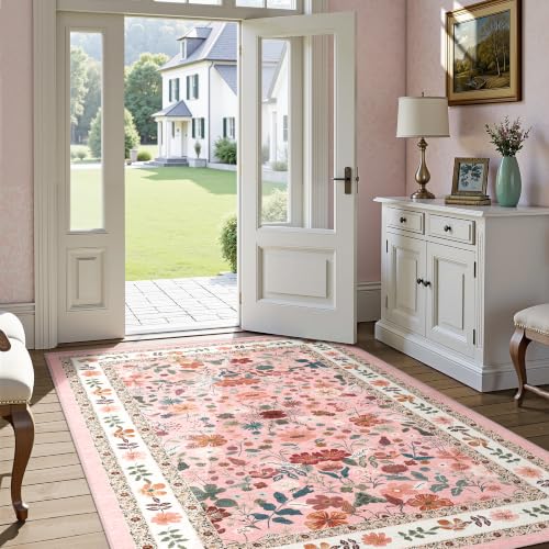 Deerly 3x5 Pink Floral Area Rug - Washable Non-Slip Entry Mat