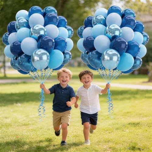 Image of 160Pcs 12 Inch Metallic Blue Balloons Chrome Navy Pearl Pastel Macaron Light Blue Latex Balloons for Birthday Wedding Baby Shower Graduation Party Decorations