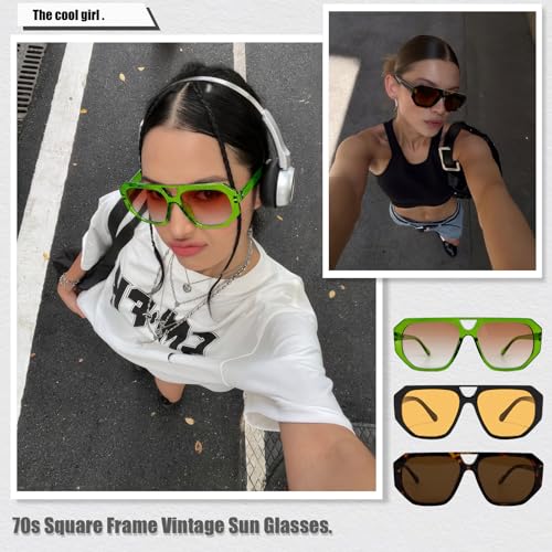 Image of LOHO MAGICA Rectangle Aviator Sunglasses, Retro Sunglasses for Women Men, Trendy Flat Frame Vintage 70s Sun Glasses