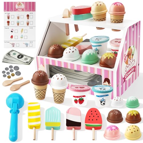 Heladería Niños de Madera,38 Piezas Accesorios de Cocina Infantil Heladeria Juguete,Tienda de Compra Juego de rol Juguetes de Madera Juguete Montessori Regalo para Niños Niñas a Partir de 3 Años