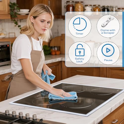 Image of Hobsir 24 inch Electric Cooktop 6200W, 4 Burner Electric Stove Top, Built-in Circular Slide Ceramic Stove with Glass Metal Frame, Timer, Safety Lock, 220V-240V Burner Hard Wire (No Plug)
