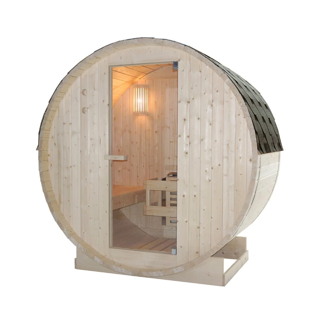 SANOTECHNIK Outdoor Fasssauna TROMSÖ M für 2 Personen, Gartensauna aus Fichtenholz mit 3,6 kW Elektroofen, Saunasteine & Zubehör, Asphaltdach, 189 x 120 x 191,5 cm