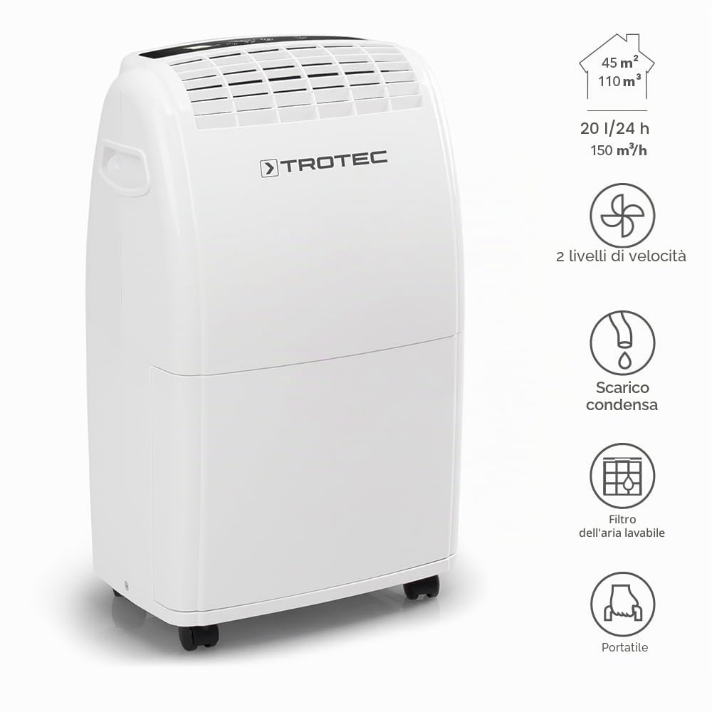 TROTEC Deumidificatore elettrico per ambienti TTK 75 E – potenza 20 L/giorno – superficie 45 m² / 110 m³ – dispositivo di deumidificazione con spegnimento automatico