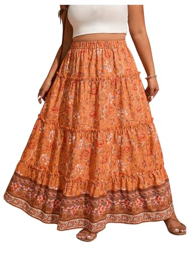 Verdusa Women's Plus Size Boho Floral Print Ruffle Skirt Elastic High Waist Loose Long Skirts