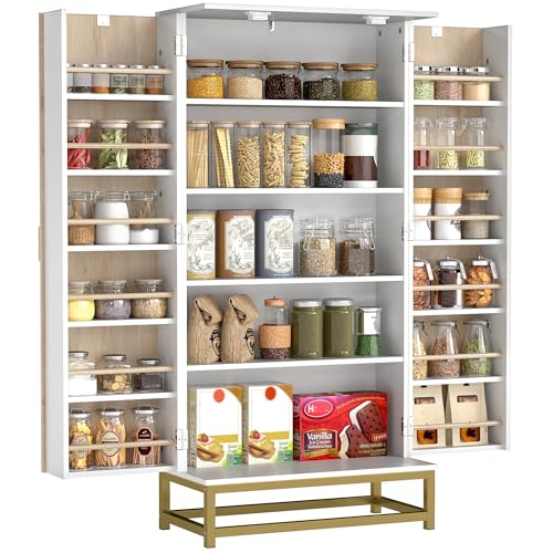 HOMCOM Armario de Cocina, Armario Despensa Cocina, con 2 Puertas con 12 Estantes, Alacena Moderna, con 5 Estantes Ajustables, Base de Acero, para Comedor, Salón, 58x29x119,5 cm, Blanco