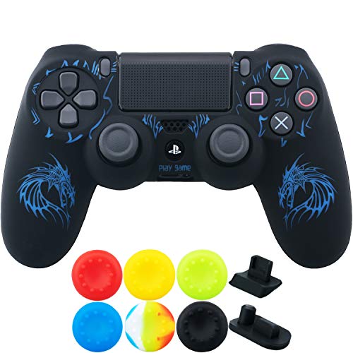 9CDeer 1 x Silicone Gravure Laser Protecteur Couverture Peau + 6 Thumb Grips et Bouchons Anti-Poussière pour Manette PS4/Slim/Pro Dragon Bleu Cover