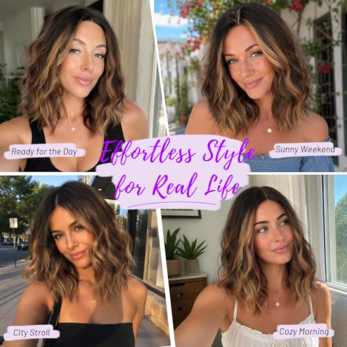 Image of Eawwii Wigs for Women Brown Highlight,Short Wavy Synthetic Lace Wig
