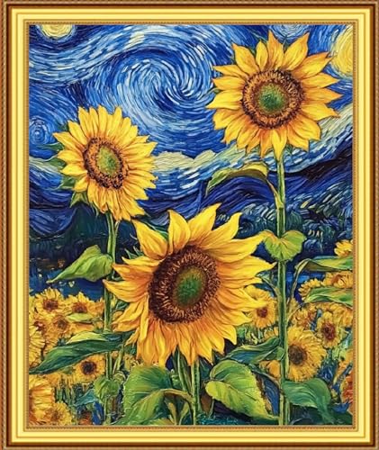 Image of Foxnyart Stamped Cross Stitch Kits Full Range of Embroidery Needlework Starter Kits for Beginners Adults 11CT Embroidery Patterns Art Crafts DIY Needlepoint Kit-Van Gogh Sunflowers 16x20 inchs