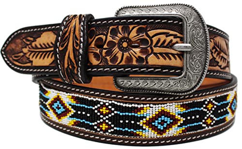 Unisex 1.5" Western Floral Tooled Beaded Full-Grain Leather Belt 26RTBeaded12