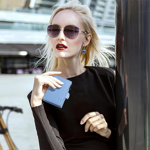 Image of Pop Up RFID Wallet Women, Small Wallet for Women Compatible with Airtag, Tri-fold Genuine Leather Wallet Women with Mirror, Zp-Blue, Business Casual Style