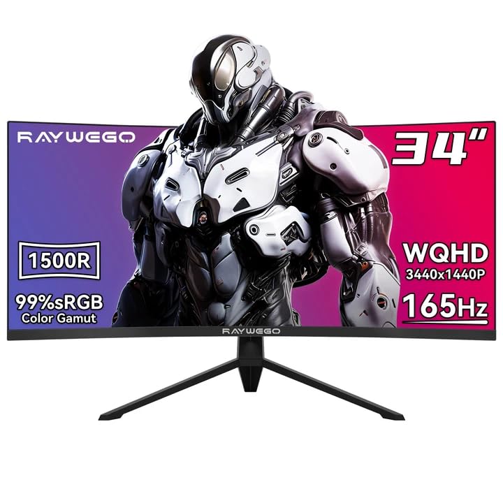 Raywego 34 inch Ultrawide Curved Computer Gaming Monitor 165Hz UWQHD 3440x1440,1500R -PIP,1ms (MPRT),HDR, 300nits, sRGB99%,FreeSync,HDMI2.0(TMDS) x2,DP1.4 x2,Eye Care,Support Wallmount