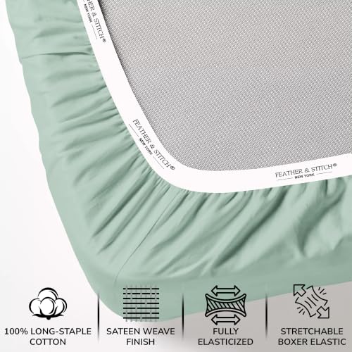 Image of Feather & Stitch 500 TC Split King Size Sheet Set, 5 Piece Bed Sheets Set-2 Twin Fitted Sheet, 1 King Flat Sheet & 2 King Pillowcases, 18 inch Deep Pockets Sateen Weave Solid Bedsheet - (Soft Sage)